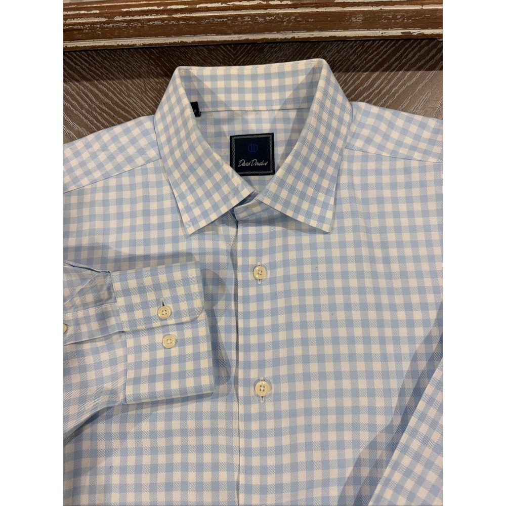 David Donahue Mens Gingham Dress Shirt Light Blue White Cotton 34/35 XL 27 Pit